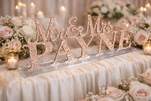 Load image into Gallery viewer, Mr &amp; Mrs PLUS last name Surname 5 LETTERS standing wedding sign, bling name sign, rhinestone Top table table sign
