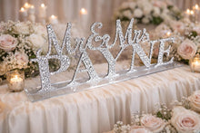 Load image into Gallery viewer, Mr &amp; Mrs PLUS last name Surname 5 LETTERS standing wedding sign, bling name sign, rhinestone Top table table sign
