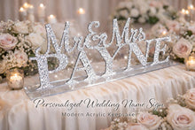 Load image into Gallery viewer, Mr &amp; Mrs PLUS last name Surname 6 LETTERS standing wedding sign, bling name sign, Swarovski Crystal Rhinestone Top table table sign

