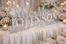 Load image into Gallery viewer, Mr &amp; Mrs PLUS last name Surname 7 LETTERS standing wedding sign Swarovski Crystal bling name sign, rhinestone Top table table sign
