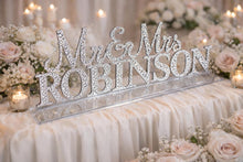 Load image into Gallery viewer, Mr &amp; Mrs PLUS last name Surname 8 LETTERS standing wedding sign, bling name sign, rhinestone Swarovski Crystal Top table table sign
