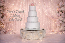 Load image into Gallery viewer, Pearl &amp; Crystal Wedding Cake Stand: Rhinestone Drape, Mirror Top
