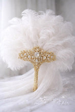 Load image into Gallery viewer, Gold Bridal Fan, Bridal brooch Bouquet, Ostrich alternative large eather Fan, Ivory Gatsby 1920s art deco wedding, 1920's bridal fan gift
