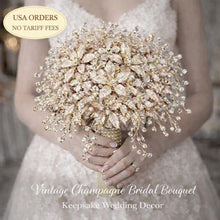 Load image into Gallery viewer, Champagne Bridal Bouquet Gold Wedding Bouquet Luxury Keepsake Flower Bouquet Pearl Bride Bouquet Gatsby 1920's style
