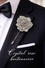 Load image into Gallery viewer, Crystal Rose Groom Boutonniere: Silver Rhinestone Wedding Pin
