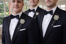 Load image into Gallery viewer, Crystal Rose Groom Boutonniere: Silver Rhinestone Wedding Pin
