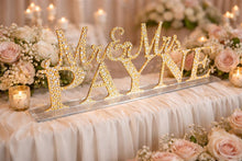 Load image into Gallery viewer, Mr &amp; Mrs PLUS last name Surname 6 LETTERS standing wedding sign, bling name sign, Swarovski Crystal Rhinestone Top table table sign
