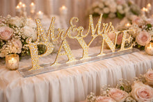 Load image into Gallery viewer, Mr &amp; Mrs PLUS last name Surname 8 LETTERS standing wedding sign, bling name sign, rhinestone Swarovski Crystal Top table table sign
