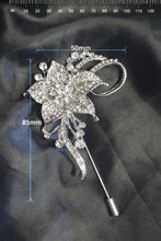 Load image into Gallery viewer, Crystal Flower Groom Boutonniere: Silver Wedding Lapel Pin
