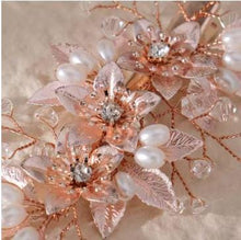 Load image into Gallery viewer, Rose Gold Crystal Bridal Bouquet, Luxury Wedding Bouquet, Metallic Bridal Flowers, Rhinestone Pearl Wedding Bouquet, Glam Bride Accessories
