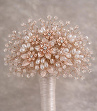 Load image into Gallery viewer, Rose Gold Crystal Bridal Bouquet, Luxury Wedding Bouquet, Metallic Bridal Flowers, Rhinestone Pearl Wedding Bouquet, Glam Bride Accessories
