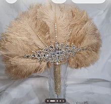 Load image into Gallery viewer, Ostrich Feather Fan Bouquet , Rhinestone Crystal Handle, 1920s Wedding bouquet, Jewel hand fanfor bride
