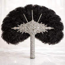 Load image into Gallery viewer, Ostrich Feather Fan Bouquet , Rhinestone Crystal Handle, 1920s Wedding bouquet, Jewel hand fanfor bride
