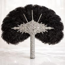Load image into Gallery viewer, Ostrich Feather Fan Bouquet , Rhinestone Crystal Handle, 1920s Wedding bouquet, Jewel hand fanfor bride
