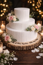 Load image into Gallery viewer, Personalized log Slice Cake Stand, Engraved Rustic wooden Wedding Display stand, Personalised Engraved log Slice, Engagement Dessert Board
