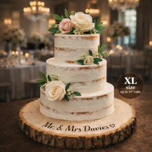Load image into Gallery viewer, Personalized Wood Slice Cake Stand, Premium quality Varnished Engraved Rustic Wedding Display stand, Personalised log Slice
