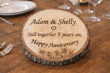 Load image into Gallery viewer, Personalized Engraved Wooden Log Slice, Wedding, Anniversary, New home Plaque , Rustic wedding gift, House Warming Present
