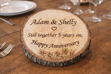 Load image into Gallery viewer, Personalized Engraved Wooden Log Slice, Wedding, Anniversary, New home Plaque , Rustic wedding gift, House Warming Present
