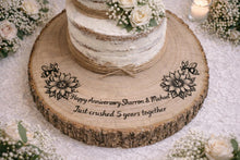 Load image into Gallery viewer, Personalized Wood Slice Cake Stand, Engraved Rustic Wedding stand, Personalised log Engagment Display Board with Sunflowers &amp; Bees
