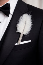 Load image into Gallery viewer, Ostrich Feather Boutonniere, Crystal Pearl Lapel Pin, Gatsby Wedding
