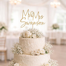 Load image into Gallery viewer, Gold Wedding cake topper, Personalized cake topper, Rustic wedding cake topper, Custom Mr Mrs topper, Anniversary Cake toppers, Wood topper
