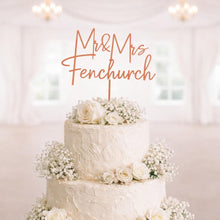 Load image into Gallery viewer, Gold Wedding cake topper, Personalized cake topper, Rustic wedding cake topper, Custom Mr Mrs topper, Anniversary Cake toppers, Wood topper
