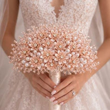 Load image into Gallery viewer, Rose Gold Crystal Bridal Bouquet, Luxury Wedding Bouquet, Metallic Bridal Flowers, Rhinestone Pearl Wedding Bouquet, Glam Bride Accessories
