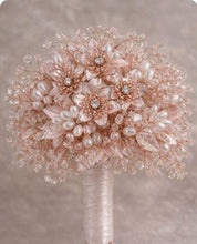 Load image into Gallery viewer, Rose Gold Crystal Bridal Bouquet, Luxury Wedding Bouquet, Metallic Bridal Flowers, Rhinestone Pearl Wedding Bouquet, Glam Bride Accessories
