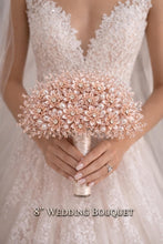 Load image into Gallery viewer, Rose Gold Crystal Bridal Bouquet, Luxury Wedding Bouquet, Metallic Bridal Flowers, Rhinestone Pearl Wedding Bouquet, Glam Bride Accessories
