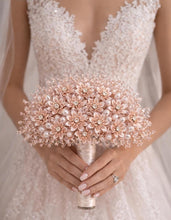 Load image into Gallery viewer, Rose Gold Crystal Bridal Bouquet, Luxury Wedding Bouquet, Metallic Bridal Flowers, Rhinestone Pearl Wedding Bouquet, Glam Bride Accessories
