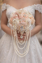 Load image into Gallery viewer, Bridal blush brooch pearl flower bouquet, rhinestone bridal flowers by crystal wedding UK
