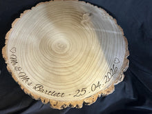 Load image into Gallery viewer, Personalised log Slice Cake Stand, Engraved Rustic wooden Wedding Display stand, Personalized Engraved tree slice, Engagement Dessert Board
