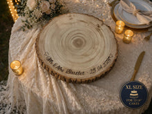 Load image into Gallery viewer, Personalised wood Cake Stand, Natural Rustic shape Engraved wooden slice Wedding Display stand, Personalized Etched log, Wood Dessert Board
