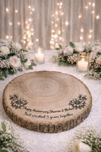 Load image into Gallery viewer, Personalized Wood Slice Cake Stand, Engraved Rustic Wedding stand, Personalised log Engagment Display Board with Sunflowers &amp; Bees
