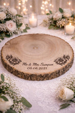 Load image into Gallery viewer, Personalized Wood Slice Cake Stand, Engraved Rustic Wedding stand, Personalised log Engagment Display Board with Sunflowers &amp; Bees
