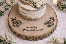 Load image into Gallery viewer, Personalized Wood Slice Cake Stand, Engraved Rustic Wedding stand, Personalised log Engagment Display Board with Sunflowers &amp; Bees
