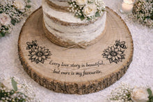 Load image into Gallery viewer, Personalized Wood Slice Cake Stand, Engraved Rustic Wedding stand, Personalised log Engagment Display Board with Sunflowers &amp; Bees
