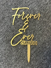 Load image into Gallery viewer, Rustic Cake Stand &amp; Topper Set, Boho Wedding, Wooden topper and Wood Slice Custom Last name Personalised Surname
