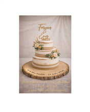 Load image into Gallery viewer, Rustic Cake Stand &amp; Topper Set, Boho Wedding, Wooden topper and Wood Slice Custom Last name Personalised Surname
