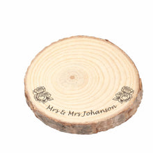 Load image into Gallery viewer, Personalized Wood Slice Cake Stand, Engraved Rustic Wedding Display stand, Personalised Engraved log, Engagment Dessert plate with Roses
