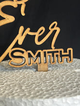 Load image into Gallery viewer, Rustic Cake Stand &amp; Topper Set, Boho Wedding, Wooden topper and Wood Slice Custom Last name Personalised Surname
