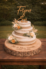 Load image into Gallery viewer, Rustic Cake Stand &amp; Topper Set, Boho Wedding, Wooden topper and Wood Slice Custom Last name Personalised Surname
