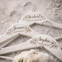 Load image into Gallery viewer, Personalised Hangers/Engraved Hangers Bride &amp; Bridesmaid/Wedding Gift/Personalized Bridal Dress Hanger/Wedding Hanger- Any FLOWERS engraved
