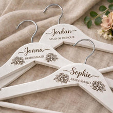 Load image into Gallery viewer, Personalised Hangers/Engraved Hangers Bride &amp; Bridesmaid/Wedding Gift/Personalized Bridal Dress Hanger/Wedding Hanger- Any FLOWERS engraved
