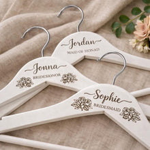 Load image into Gallery viewer, Personalised Hangers/Engraved Hangers Bride &amp; Bridesmaid/Wedding Gift/Personalized Bridal Dress Hanger/Wedding Hanger- Any FLOWERS engraved
