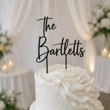 Load image into Gallery viewer, Personalised Cake Topper, Custom Surname Topper, Rustic Wood Last Name topper, Wooden Cake Decoration, Bride and Groom Cake Topper
