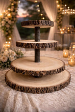 Load image into Gallery viewer, Personalized Wood Slice Cake Stand,3 Tier Engraved Rustic Stand 4 tier Wedding stand, Personalised log cupcake stand 5 tier Dessert Display
