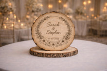 Load image into Gallery viewer, Personalised Rustic Wooden Wedding Cake Topper / Keepsake Log Slice
