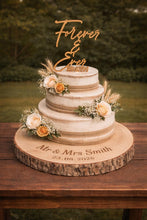 Load image into Gallery viewer, Rustic Personalised Log Slice, Wedding Cake Stand, Engraved Wood Wedding Cake Board Engagement Dessert Board

