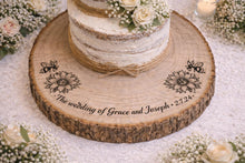 Load image into Gallery viewer, Personalized Wood Slice Cake Stand, Engraved Rustic Wedding stand, Personalised log Engagment Display Board with Sunflowers &amp; Bees
